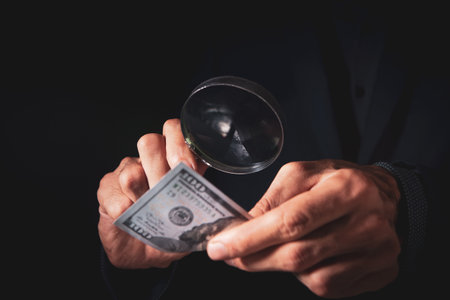 businessman holding a magnifying glass and moneyの写真素材