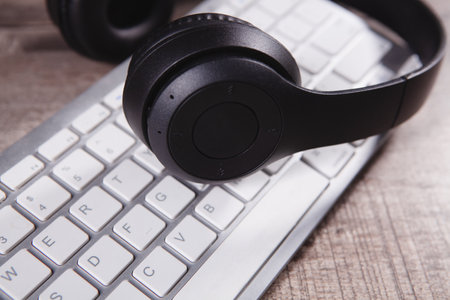 headphones are on the table. audiobook concept