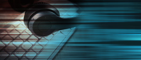 headphones are on the table. audiobook concept