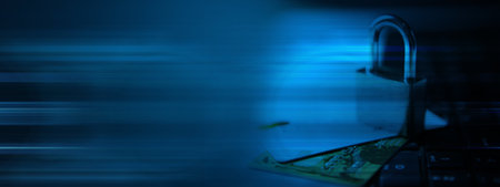 Online payments, secure online shopping and data encryption security concept with padlockの写真素材