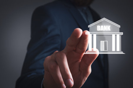 Banking Technology design.Isometric illustration of bank on geometric technologyの写真素材