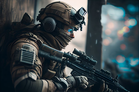 Shot of a special forces soldier with a assault rifle in an urban environment.の素材