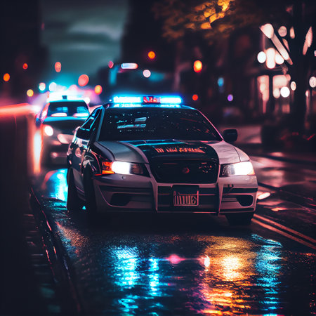 police car lights in city at night. generative aiの素材