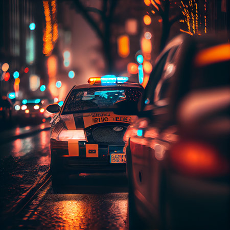 police car lights in city at night. generative aiの素材