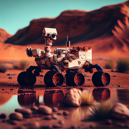 Mars rover near lake, created with generative aiの素材