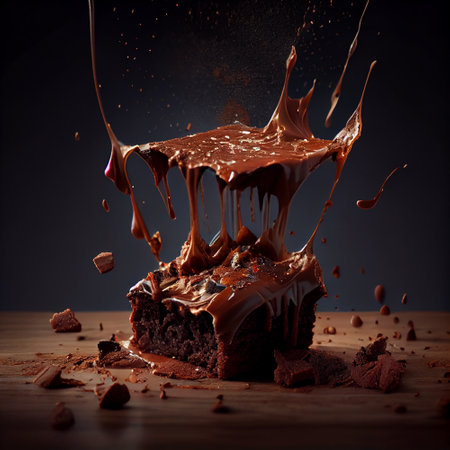 A single brownie covered in chocolate falling. generative ayiの素材