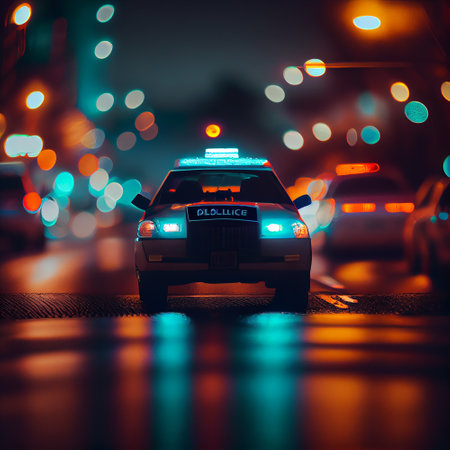 police car lights in city at night. generative aiの素材
