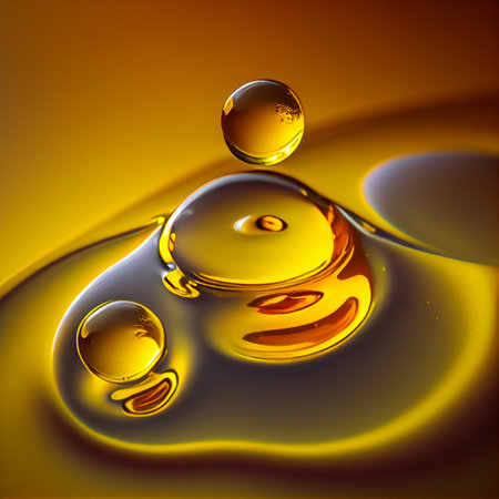 Yellow liquid drops cosmetic oil close-up. Skincare essence, haircare serum, golden.generative aiの素材