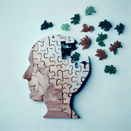 Dementia, alzheimer, lost of mental capabilities. Copy text, text space. Concept in puzzle form. generative aiの素材