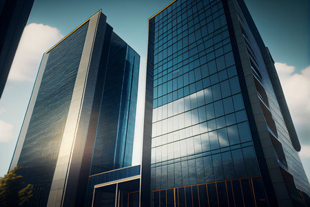 Low angle image of typical contemporary office towers, tall structures with glass facades.generative aiの素材