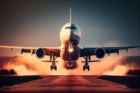 Commercial or cargo airplane taking off from the airport runway.generative aiの素材