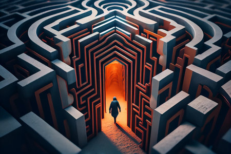Man walking into big labyrinth. Finding solution concept. generative aiの素材