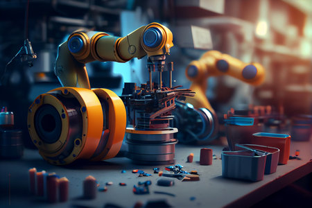 Robot Factory 3D Concept Automated Robot Arm Assembly Line.generative aiの素材