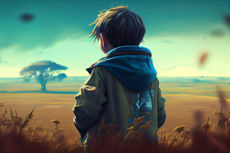 a boy in a big lonely field generative aiの素材