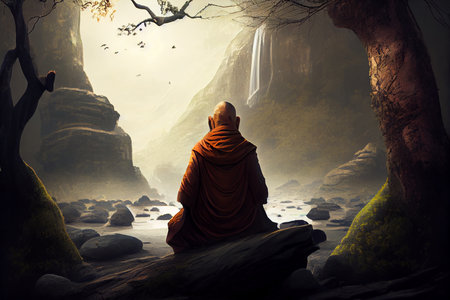 monk meditates in the nature background. generative aiの素材