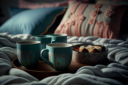 Morning treat with coffee cups in bed.generative aiの素材