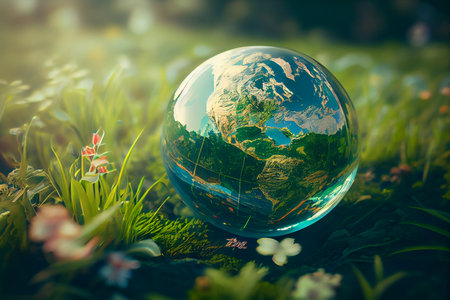 Glass globe with earth map lying on grass, earth day concept.generative aiの素材