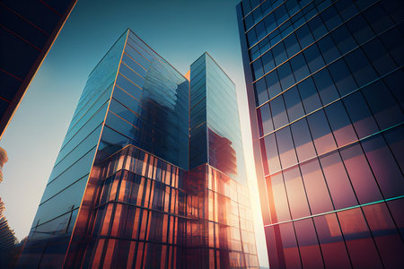 Low angle image of typical contemporary office towers, tall structures with glass facades.generative aiの素材