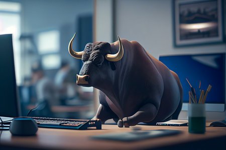 bull is sitting at the office table in front of a computer. generative aiの素材