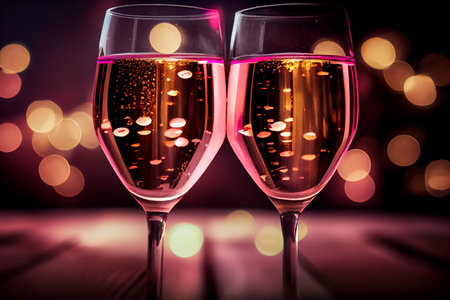 Two glasses of champagne sparkling wine, pink with shinny bright heart bokeh.generative aiの素材