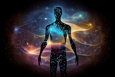 Astral body silhouette with abstract space background.generative aiの素材