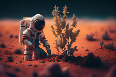 Astronaut growing plant, agriculture and farming on alien planet.generative aiの素材