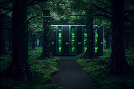 Server room full of grass and trees. generative aiの素材