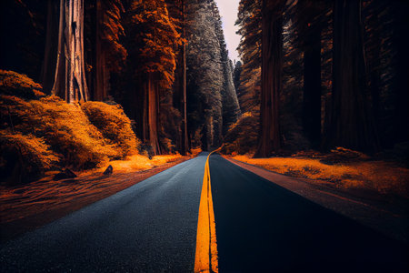 Background image, asphalt road through the old forest. generative aiの素材