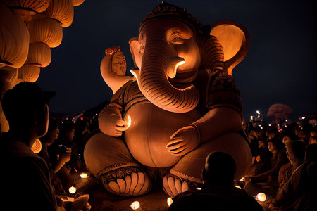 There are many galactic stars in the night sky of a huge massive GANESHA statue, with red lanterns rising in the sky, generative aiの素材
