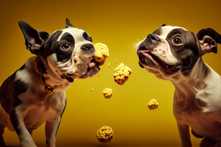 Dogs going to eat a treat or treat for dogs on a yellow background..generative aiの素材