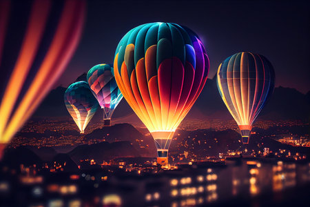 openwork hot air balloons flying over night city generative aiの素材