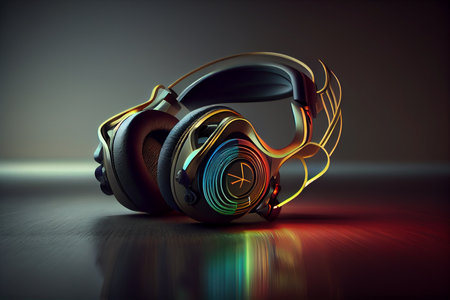 Headphone with audio spectrum wave futuristic.generative aiの素材