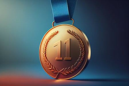 Digital illustration of gold medal with number 1, blue background.generative aiの素材