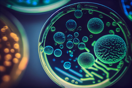 Macro close up shot of bacteria and virus cells in a scientific laboratory petri dish.generative aiの素材