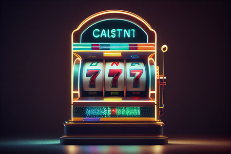 One neon shining casino slot machine at empty room.generative aiの素材