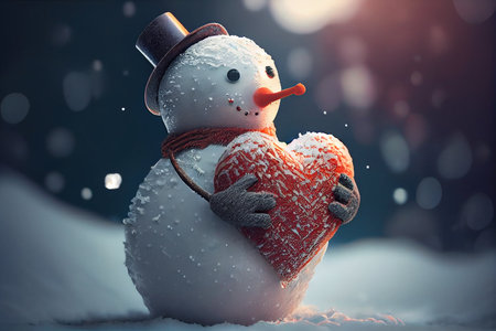Snowman holding a heart. Valentines day snowman generative aiの素材