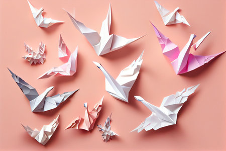 Origami birds are flying, overhead top view. White origami birds isolated on pink background.generative aiの素材