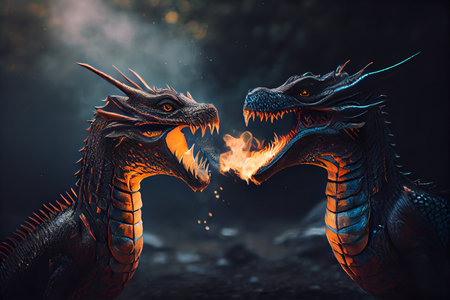 Two fire breathing dragons. Dragons fighting.generative aiの素材