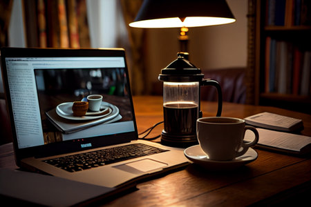 laptop computer sitting on top of a wooden desk next to a cup of coffee.generative aiの素材