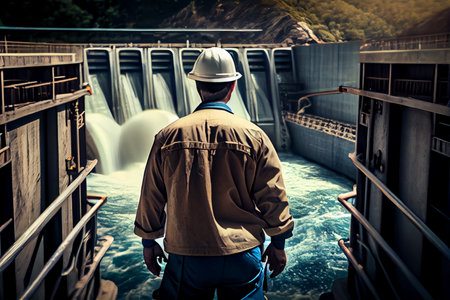 Engineer inspecting with Hydroelectricity dam background.generative aiの素材