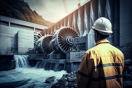 Engineer inspecting with Hydroelectricity dam background.generative aiの素材