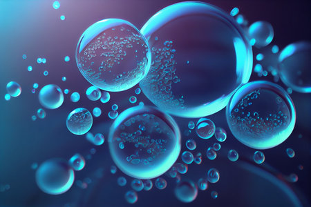 Blue transparent water bubbles molecules and atoms in a facial skin care cosmetic product.generative aiの素材