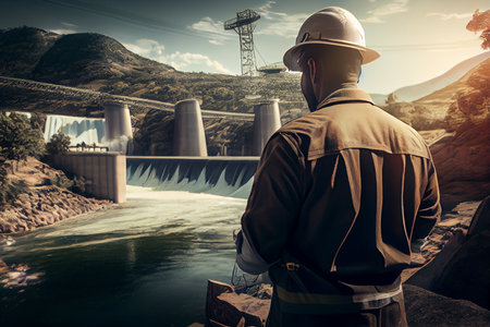 Engineer inspecting with Hydroelectricity dam background.generative aiの素材