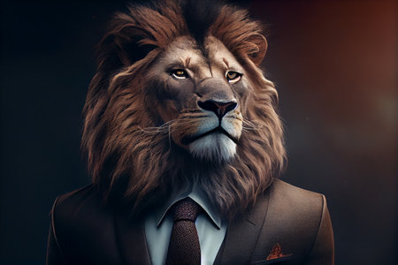 Portrait of a lion with a crown dressed in a formal business suit.generative aiの素材