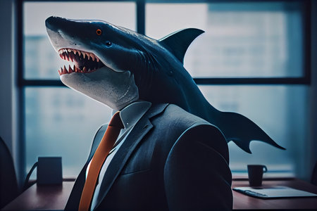 Portrait of shark in a business suit, at the office. generative aiの素材