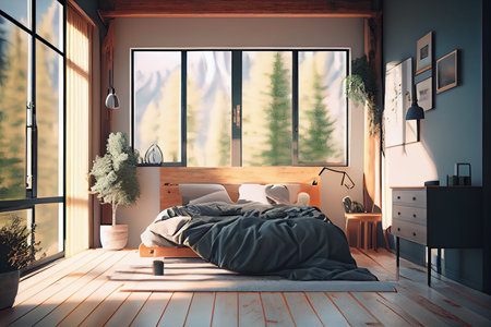 Illustration of modern bedroom with big french windows.generative aiの素材