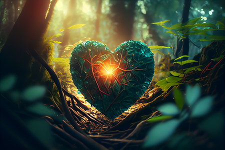 A colorful heart in a green forest shining with rays of light.generative aiの素材