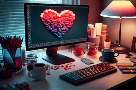 Valentines day decorated home office desk with a lot of hearts created .generative aiの素材