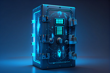 Cyber security concept and digital data protection with a locker in a blue background created with.generative aiの素材