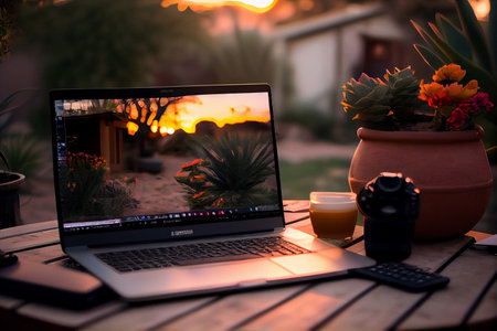 Sunset Home Office Working with Laptop on the Garden.generative aiの素材